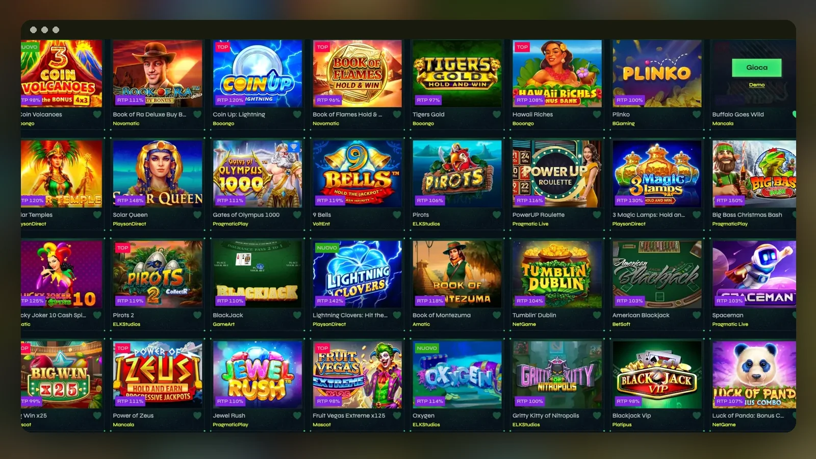 Una griglia della lobby con slot e tavoli: giochi di studi noti, licenza comunque Non dichiarata
