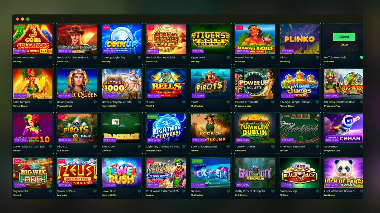 Una griglia della lobby giochi: le stesse schede si aprono dal browser del telefono
