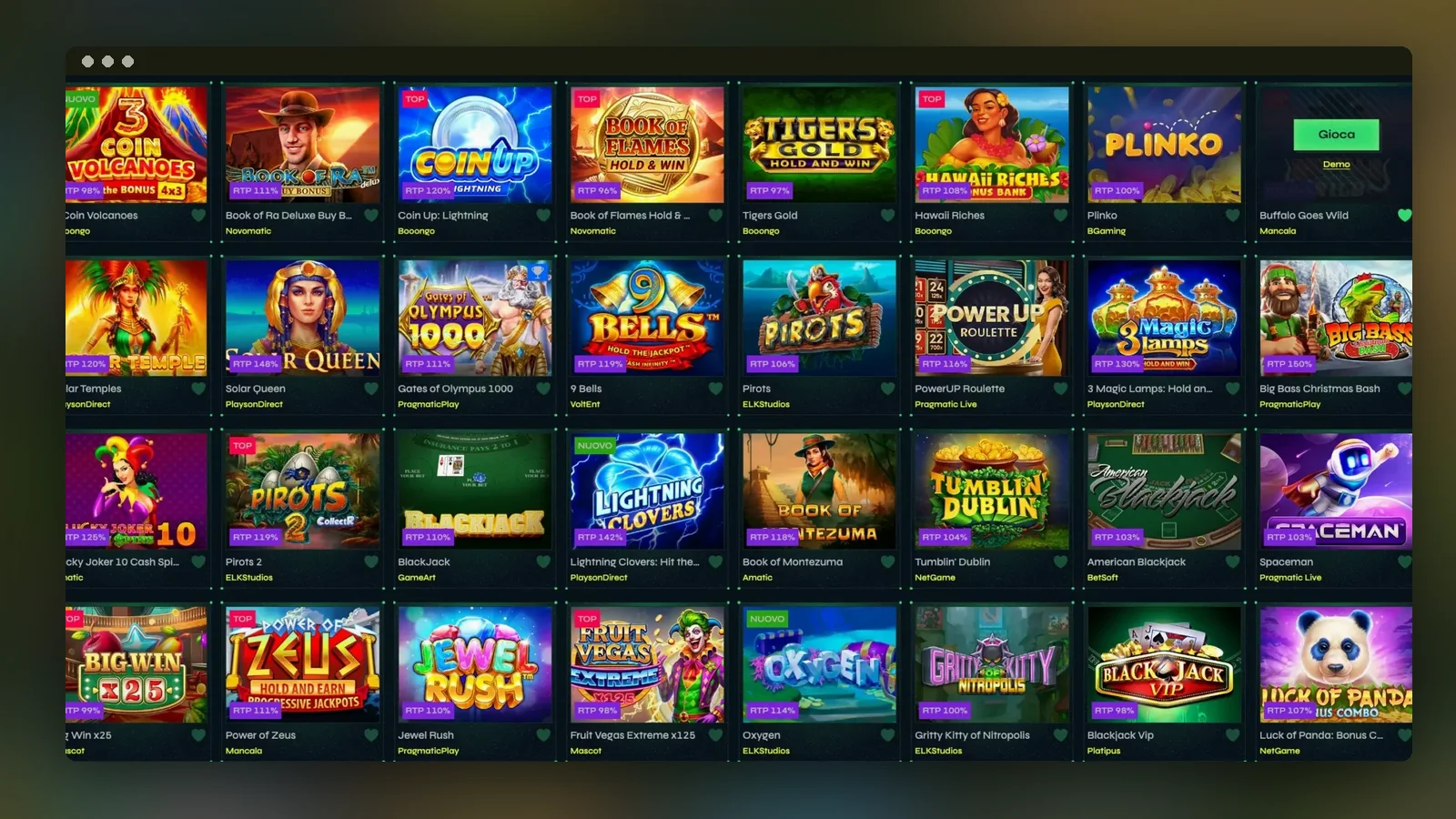 Una griglia di slot della lobby, dove si completa il wagering del bonus