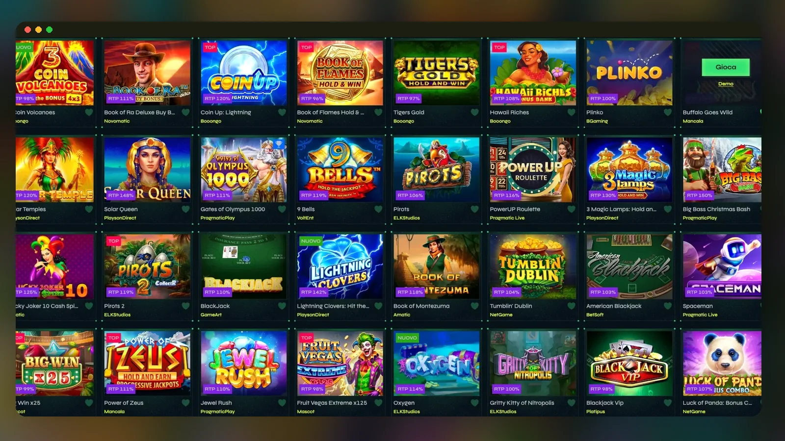 Una griglia della lobby slot, dove si gioca il saldo delle ricariche