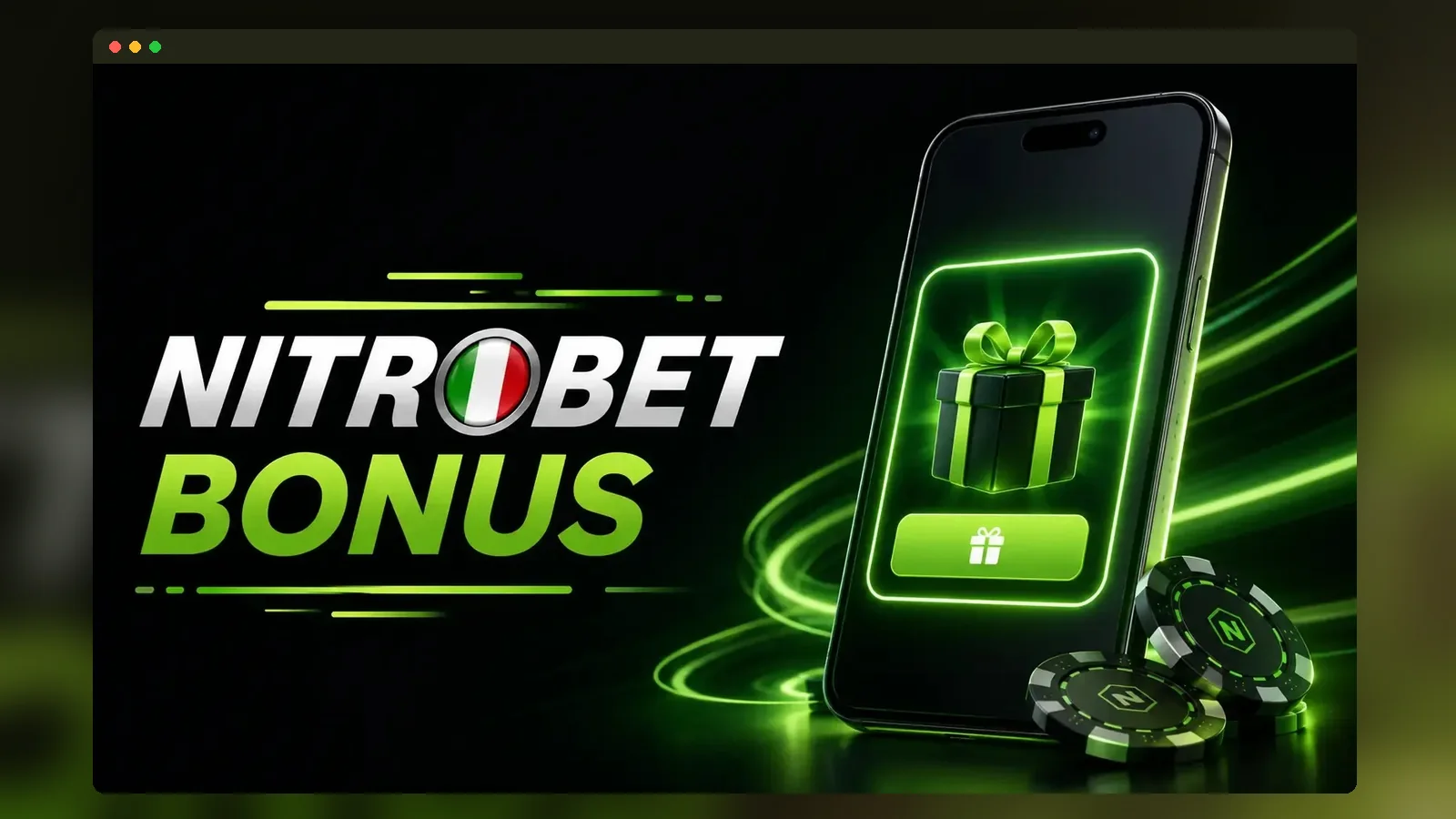 Il banner promozionale Nitrobet Bonus con il regalo e le fiches del marchio