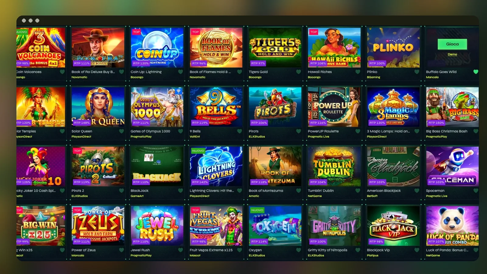 Una griglia della lobby giochi con slot e tavoli, con RTP e studio sotto ogni titolo