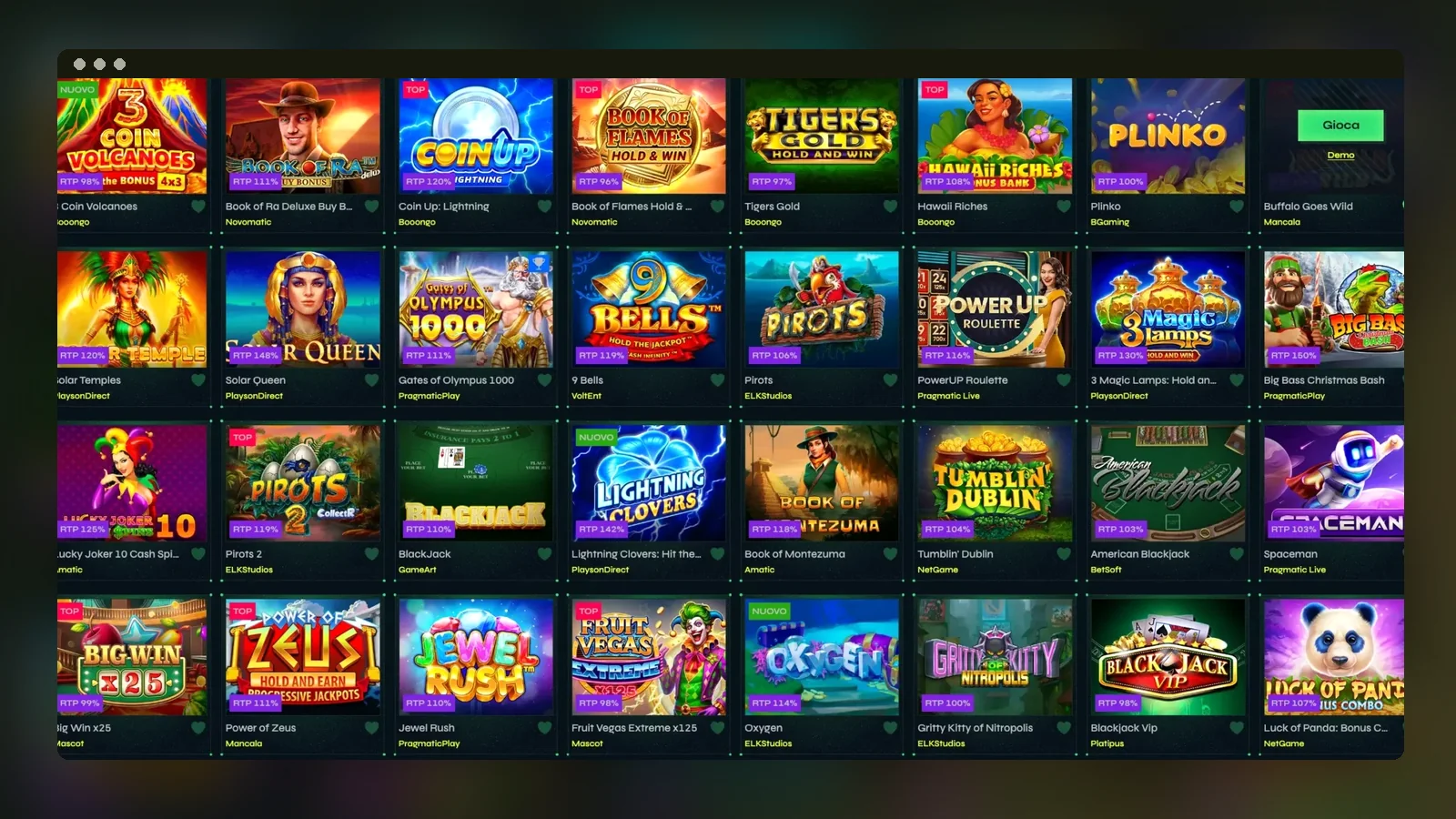 Una griglia della lobby giochi, raggiungibile dopo il login