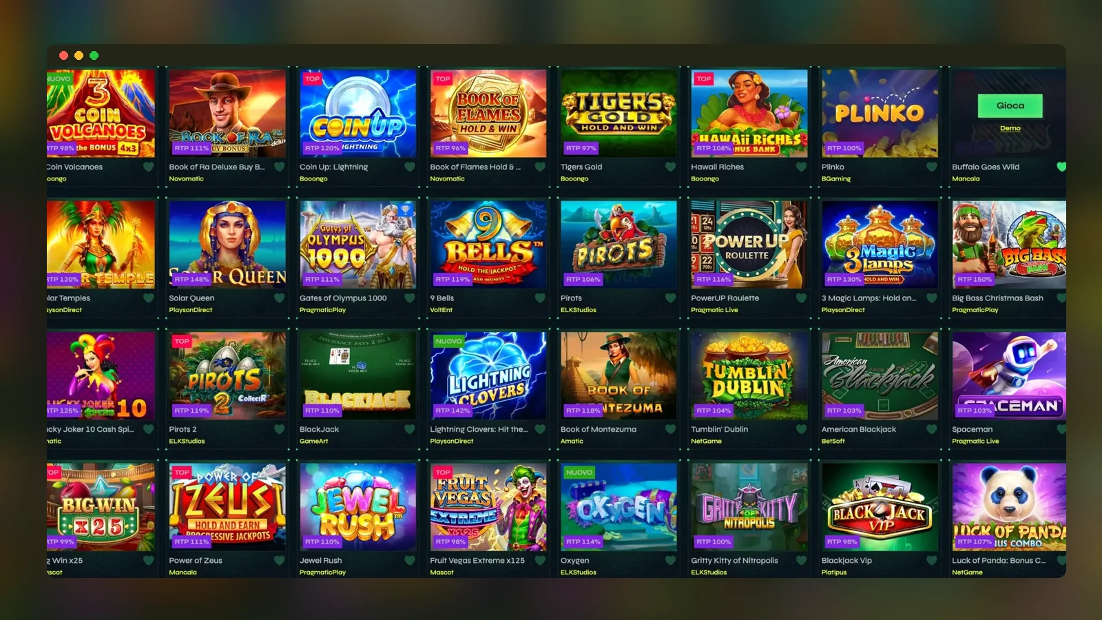 La lobby giochi vista come griglia di schede, ognuna con studio e RTP