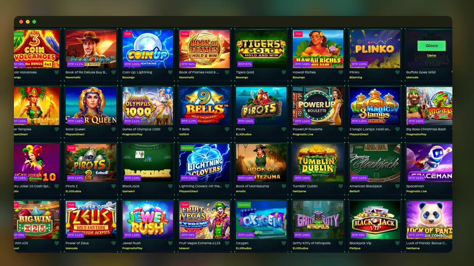 Una griglia della lobby giochi, con l'RTP indicato su ogni scheda