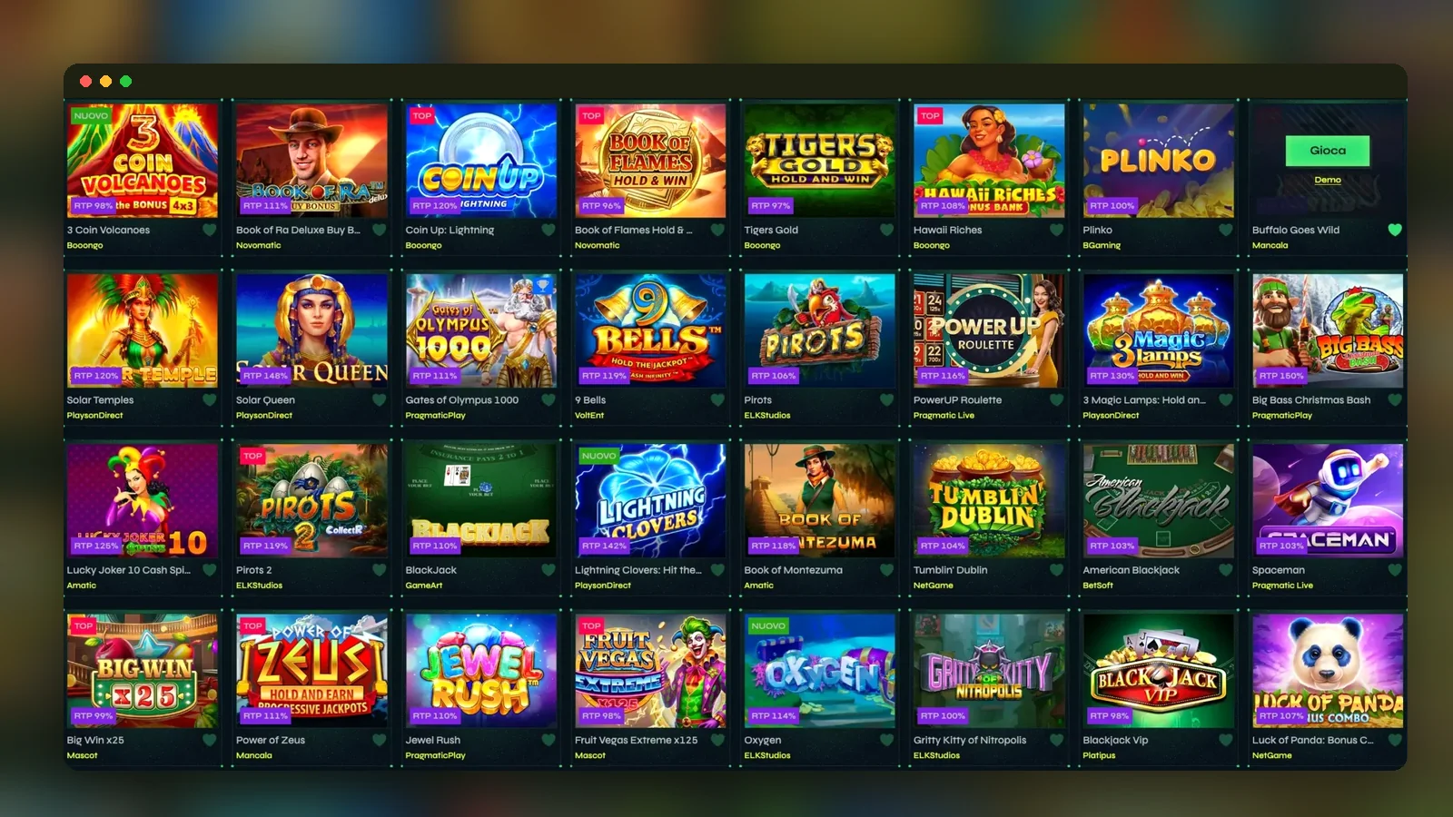 Una griglia della lobby giochi, disponibile dopo l'iscrizione